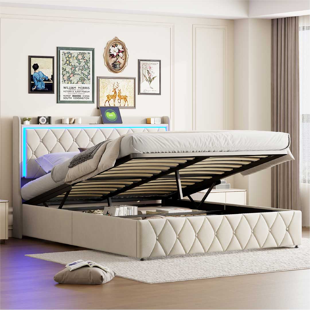 Yelenaro Polsterbett mit LED & Bettkasten – Stauraumbett mit Gasdruckfeder & USB