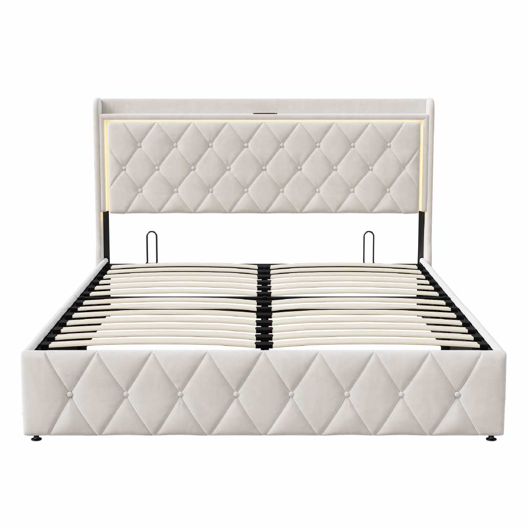 Yelenaro Polsterbett mit LED & Bettkasten – Stauraumbett mit Gasdruckfeder & USB