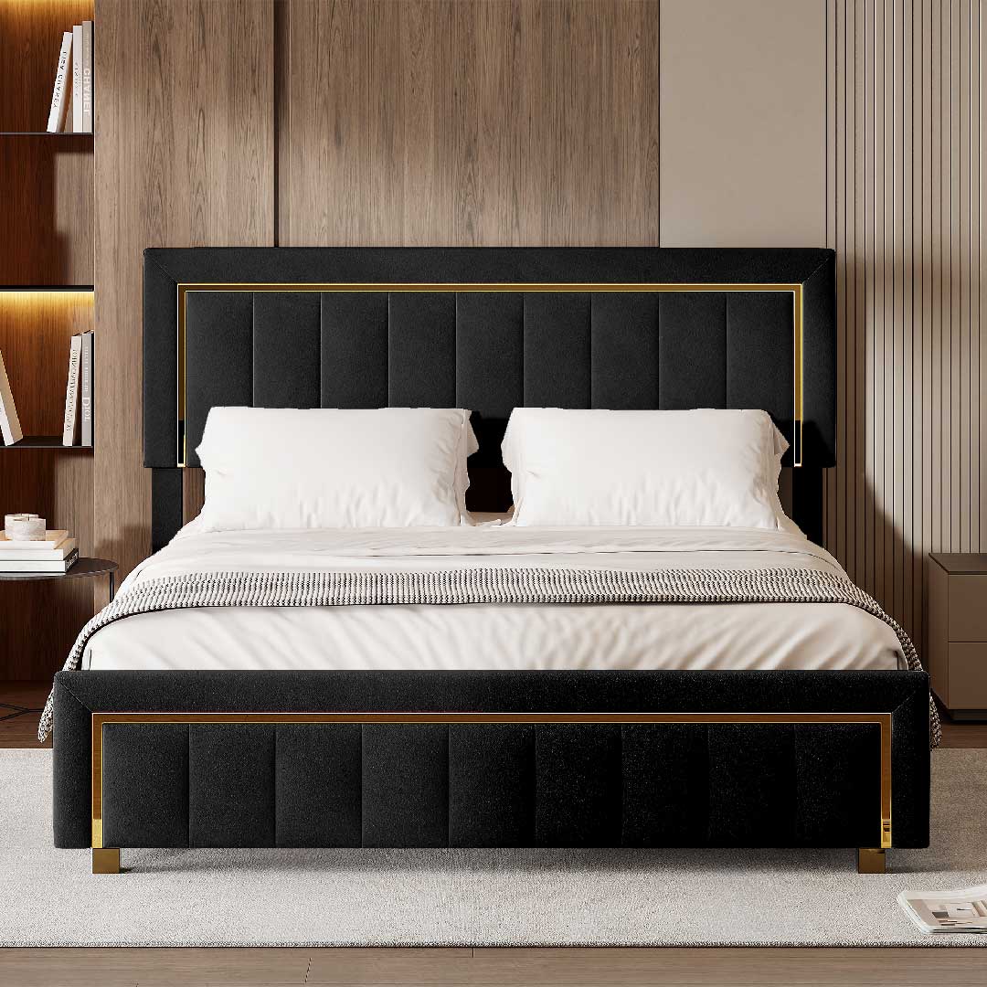 Elegantes Yelenaro Polsterbett in Schwarz Samt mit Goldrahmen – hydraulisches Bettgestell mit Stauraum und moderner Linienführung.