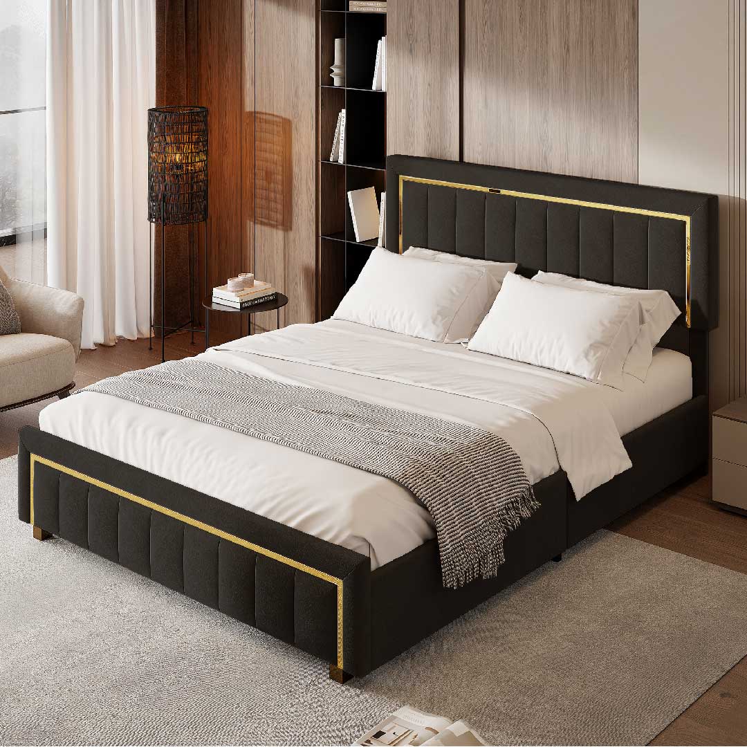 Yelenaro Samtbett in Schwarz mit Stauraum, elegantes Polsterbett 140/160×200 cm