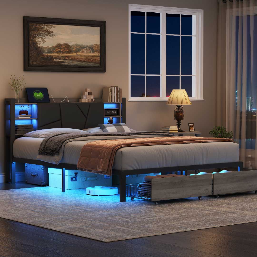 Yelenaro LED-Bett mit Stauraum & USB – Polster-Metallbett mit Schubladen