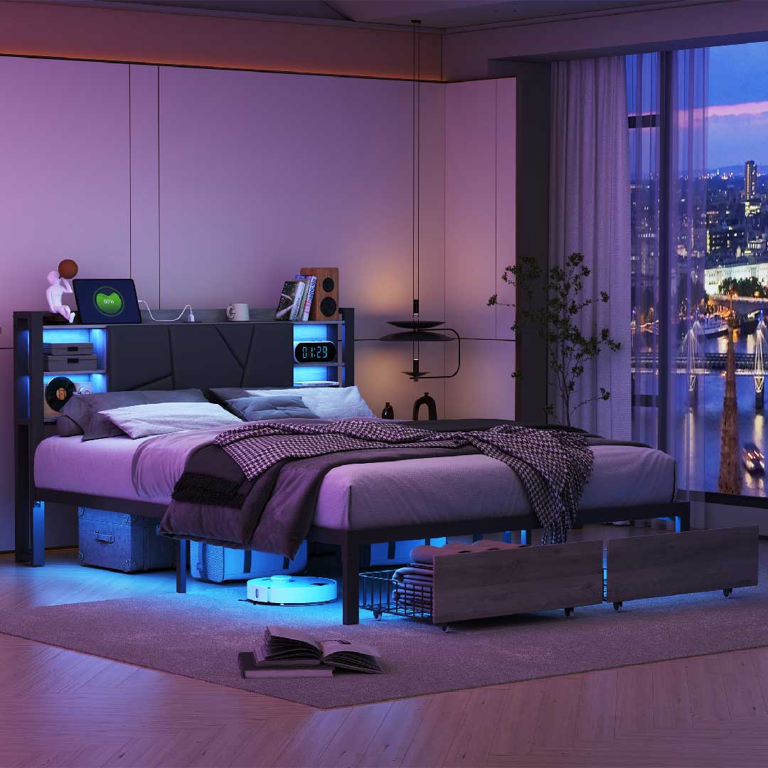 Yelenaro LED-Bett mit Stauraum & USB – Polster-Metallbett mit Schubladen