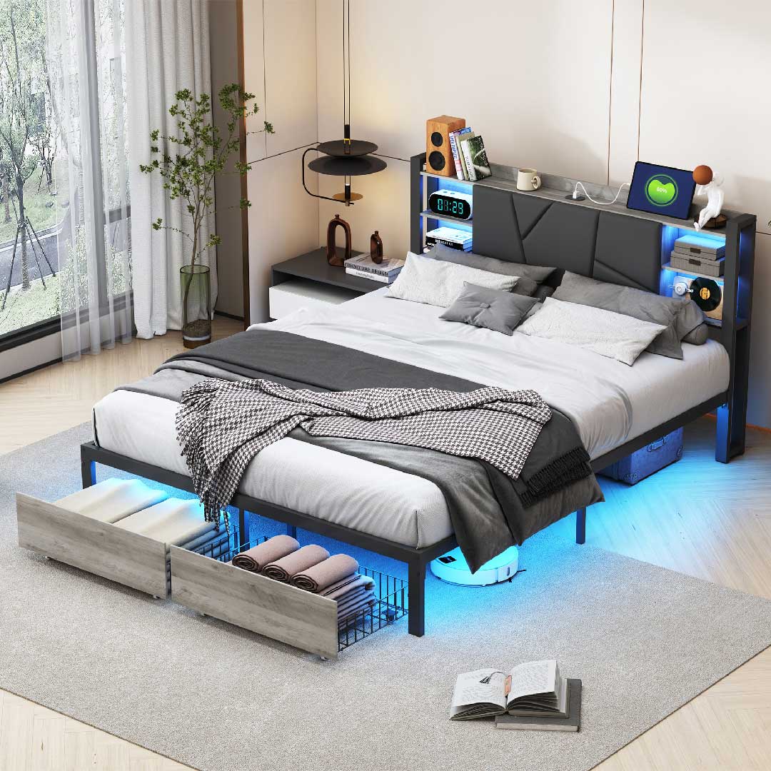 Yelenaro LED-Bett mit Stauraum & USB – Polster-Metallbett mit Schubladen