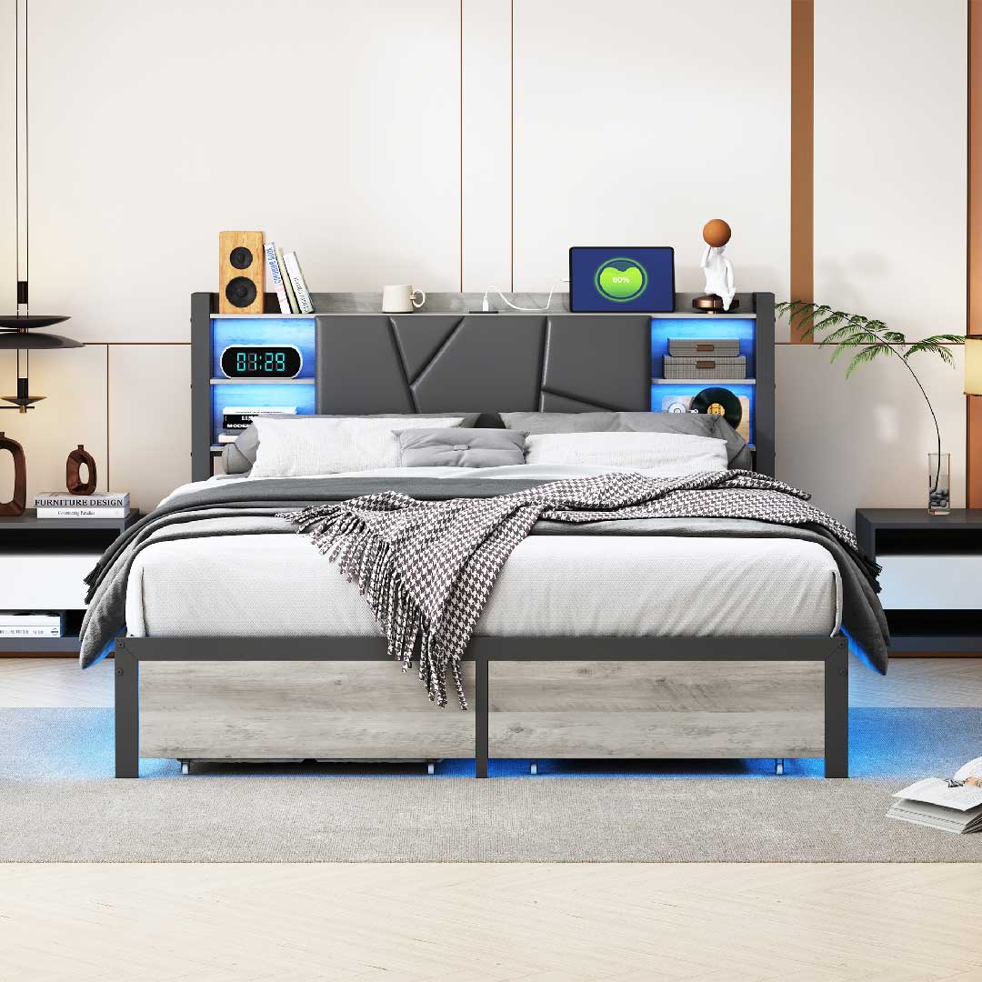 Yelenaro LED-Bett mit Stauraum & USB – Polster-Metallbett mit Schubladen