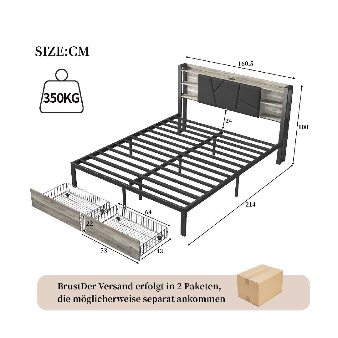 Yelenaro LED-Bett mit Stauraum & USB – Polster-Metallbett mit Schubladen