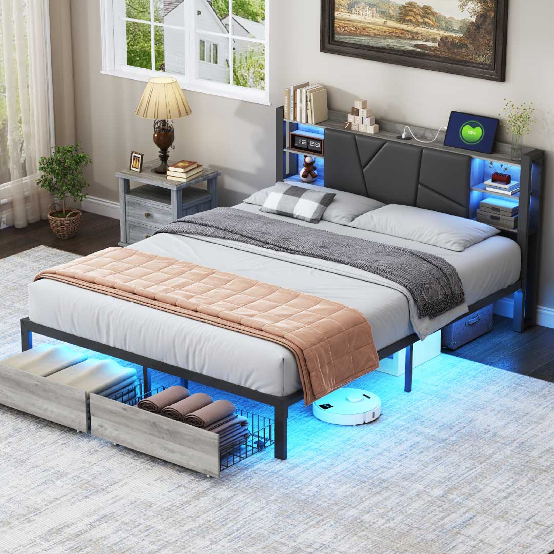 Yelenaro LED-Bett mit Stauraum & USB – Polster-Metallbett mit Schubladen