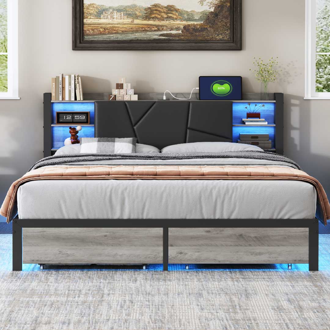 Yelenaro LED-Bett mit Stauraum & USB – Polster-Metallbett mit Schubladen