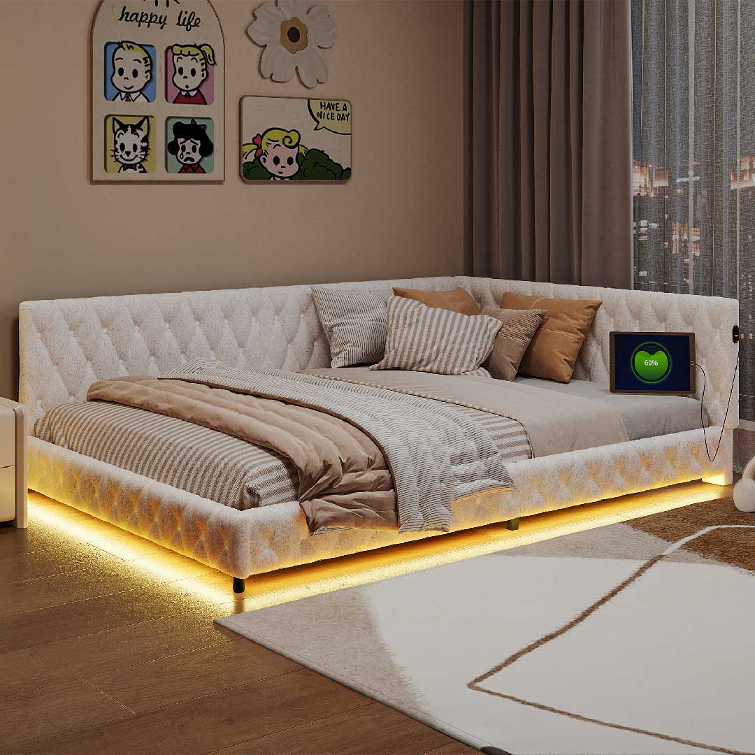 Yelenaro Sofa Bett 140×200 cm – Tagesbett mit LED-Beleuchtung & USB-Anschluss, Polsterbett aus Lammwolle, Schlafsofa mit Lattenrost