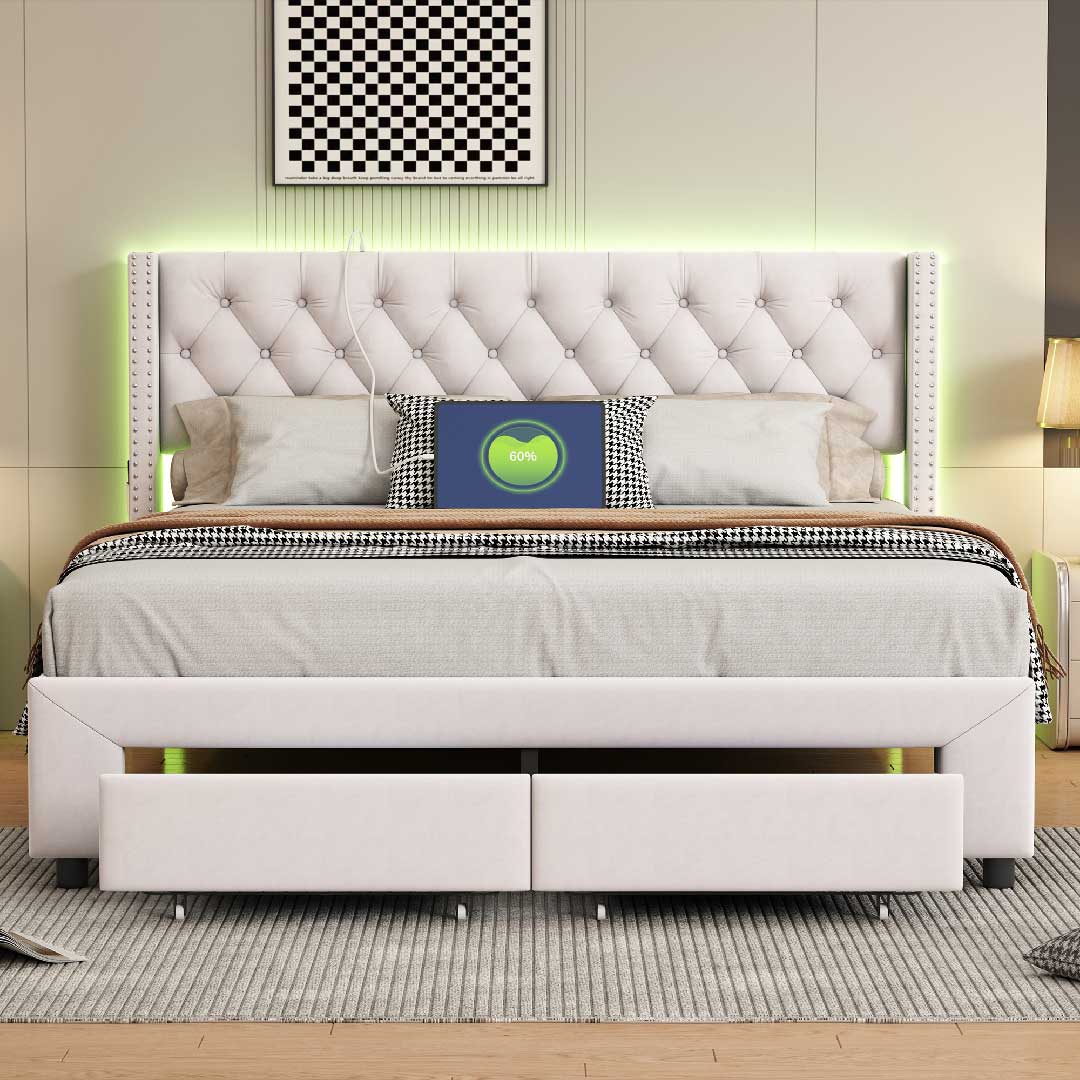 YELENARO LED-Polsterbett 160×200cm – Mit USB & Stauraum