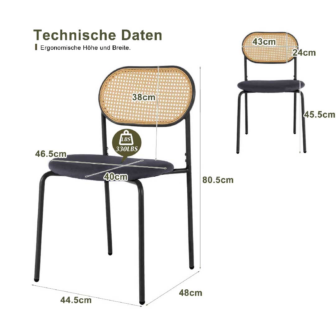 2er Set Rattan Esszimmerstühle – Polsterstühle mit Metallrahmen & ergonomischer Rückenlehne