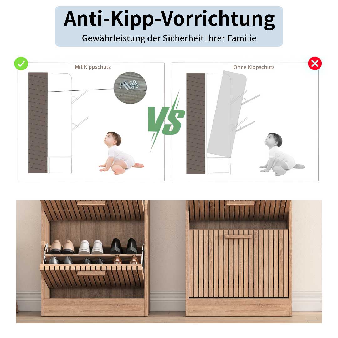 Yelenaro Rattan Schuhschrank mit 3 Klappen – Holz, Weiß, 60×24×113 cm