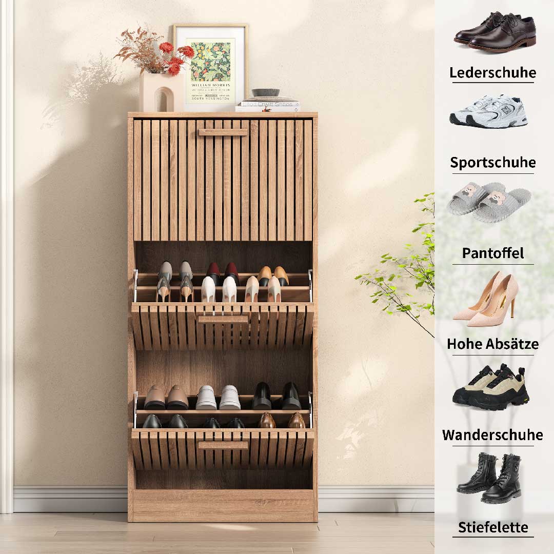 Yelenaro Rattan Schuhschrank mit 3 Klappen – Holz, Weiß, 60×24×113 cm