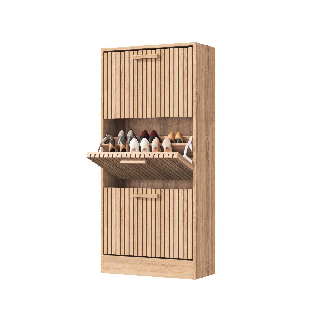 Yelenaro Rattan Schuhschrank mit 3 Klappen – Holz, Weiß, 60×24×113 cm