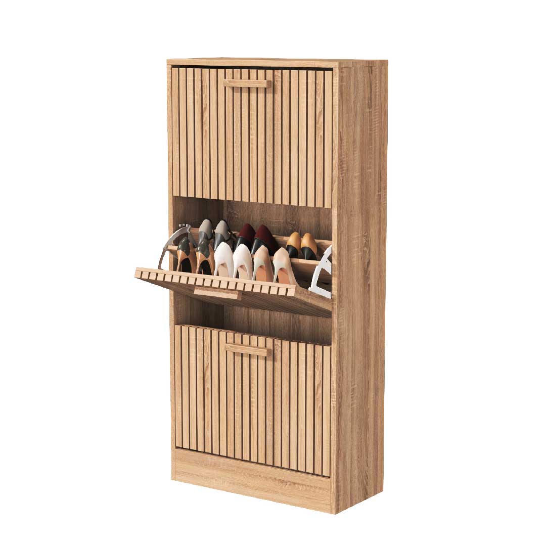 Yelenaro Rattan Schuhschrank mit 3 Klappen – Holz, Weiß, 60×24×113 cm