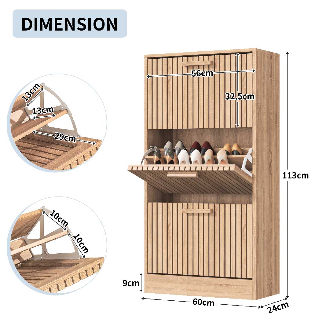 Yelenaro Rattan Schuhschrank mit 3 Klappen – Holz, Weiß, 60×24×113 cm