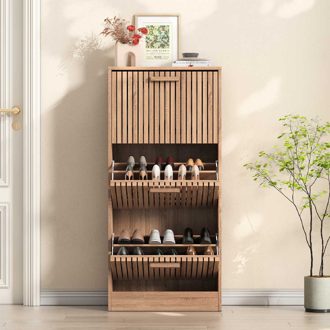 Yelenaro Rattan Schuhschrank mit 3 Klappen – Holz, Weiß, 60×24×113 cm