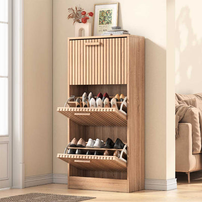 Yelenaro Rattan Schuhschrank mit 3 Klappen – Holz, Weiß, 60×24×113 cm