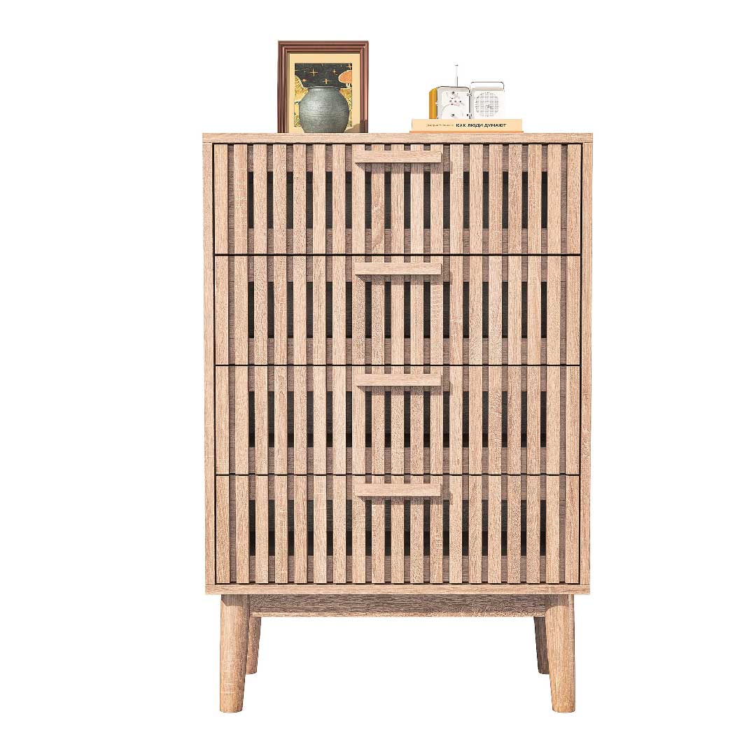 Yelenaro Kommode aus Holz und Rattan mit 4 Schubladen, natürliches Rillen-Design, kompakte Stauraum-Kommode für Schlafzimmer oder Flur