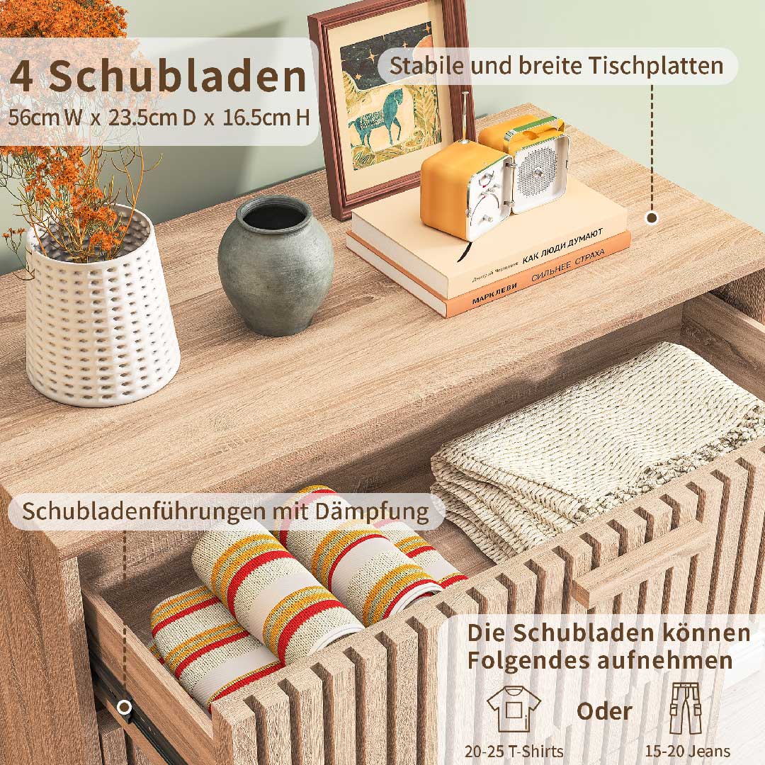 Yelenaro Holz Kommode mit 4 geriffelten Schubladen, Modernes Sideboard