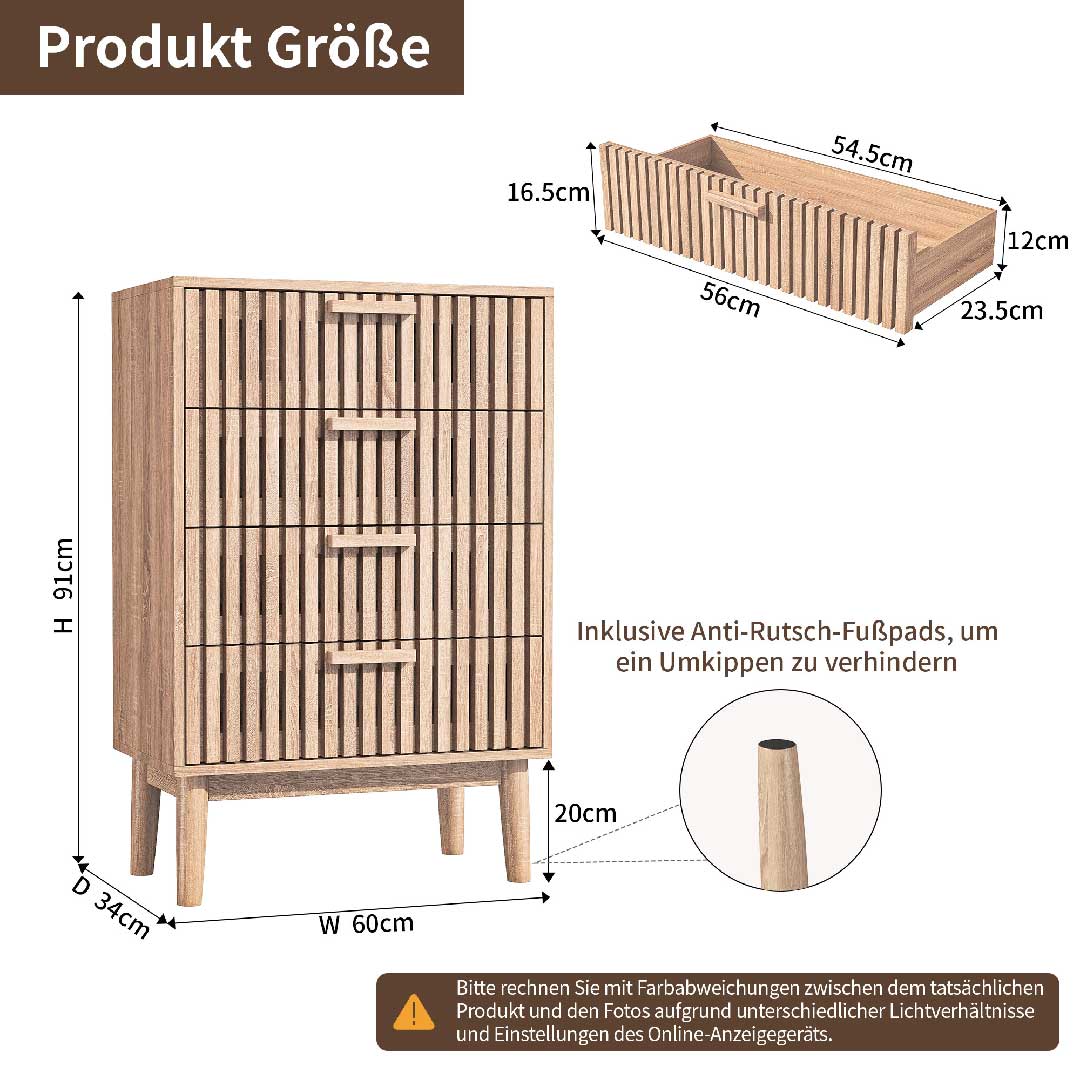 Produktabmessungen der Yelenaro Holz-Rattan-Kommode mit 4 Schubladen, Maße 60 × 34 × 91 cm, übersichtliche Größenangabe für Kaufentscheidung