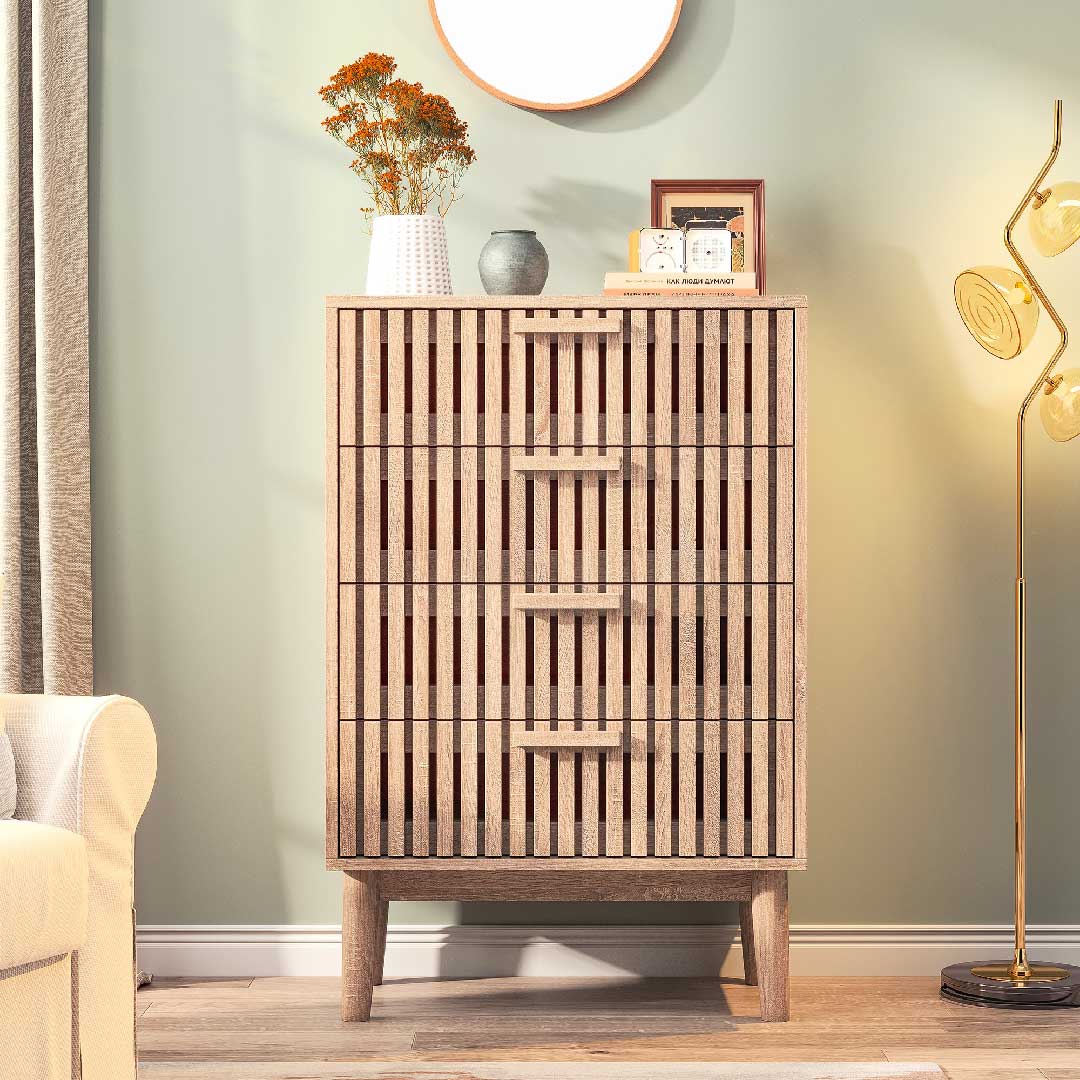 Yelenaro Holz Kommode mit 4 geriffelten Schubladen, Modernes Sideboard