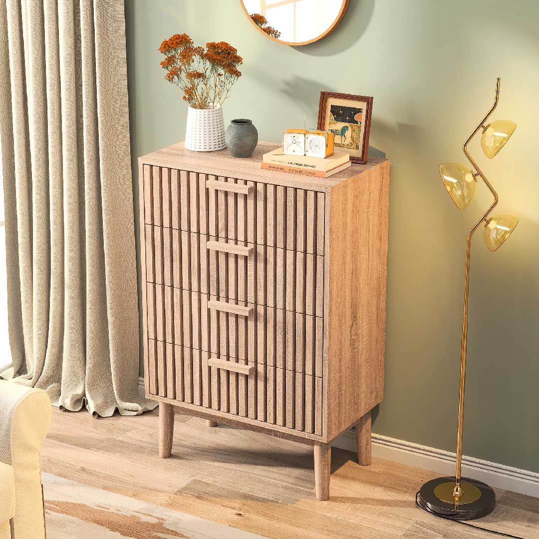 Yelenaro Kommode aus Holz und Rattan im Wohnzimmer, natürliche Holzoptik mit geflochtenen Schubladenfronten, dekorativer Stauraum für Wohnbereiche