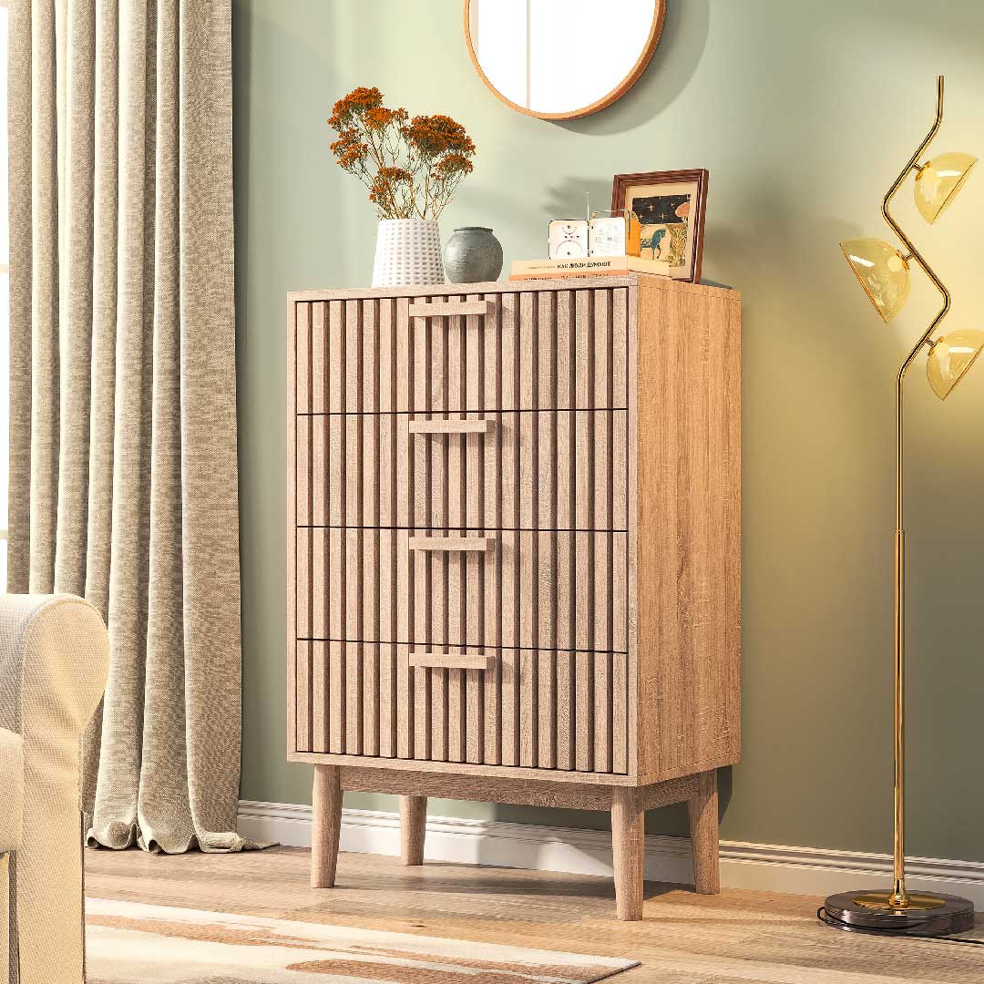 Yelenaro Holz Kommode mit 4 geriffelten Schubladen, Modernes Sideboard