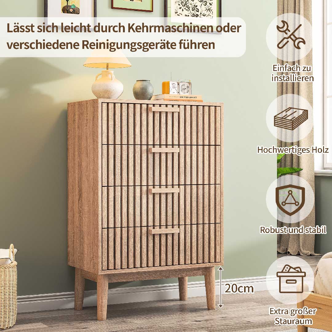 Yelenaro Holz Kommode mit 4 geriffelten Schubladen, Modernes Sideboard