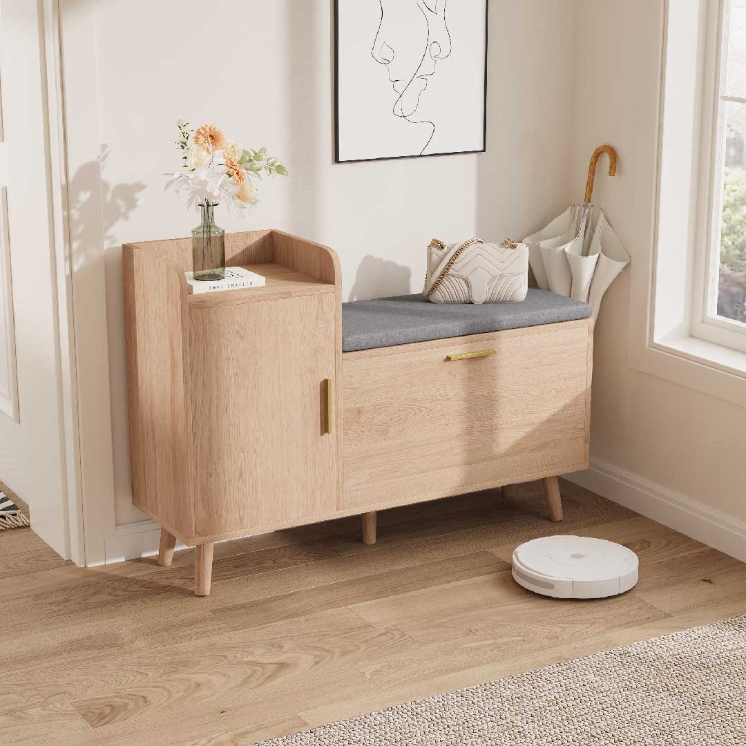 Yelenaro Schuhschrank mit Sitzbank – Holz Schuhbank mit Klappfächern & Regal