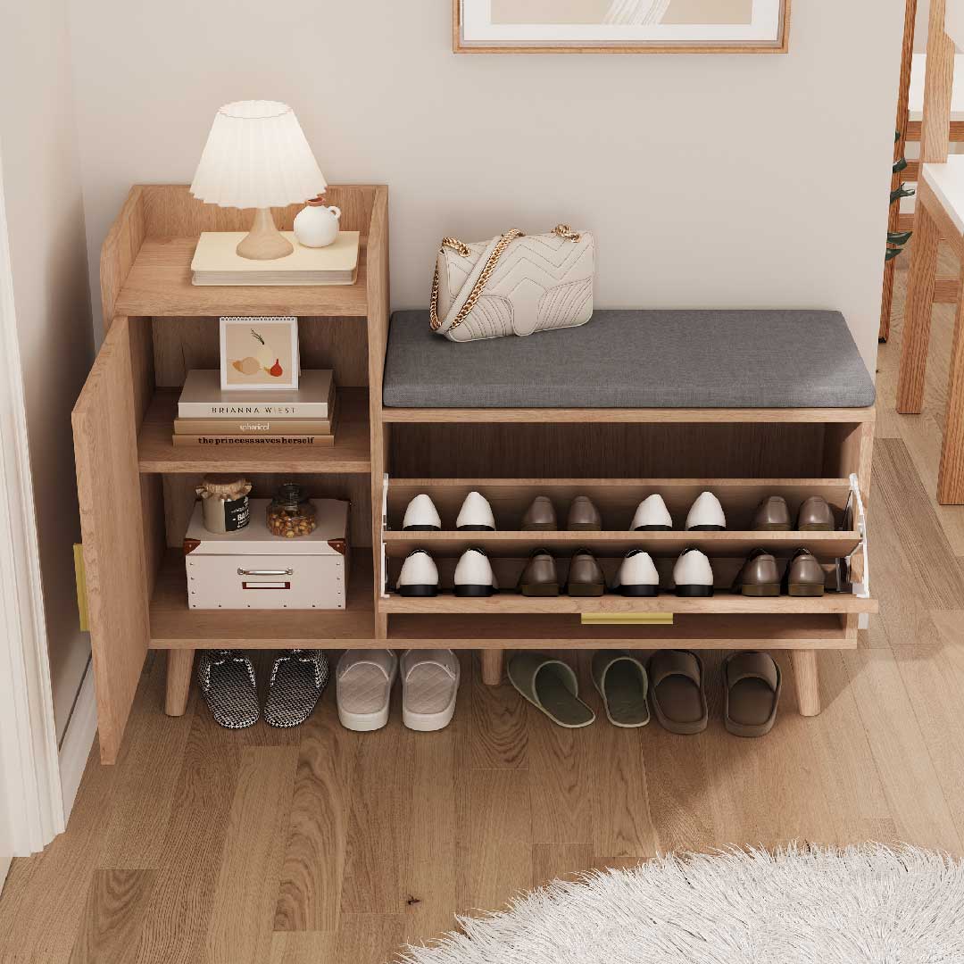 Yelenaro Schuhschrank mit Sitzbank – Holz Schuhbank mit Klappfächern & Regal