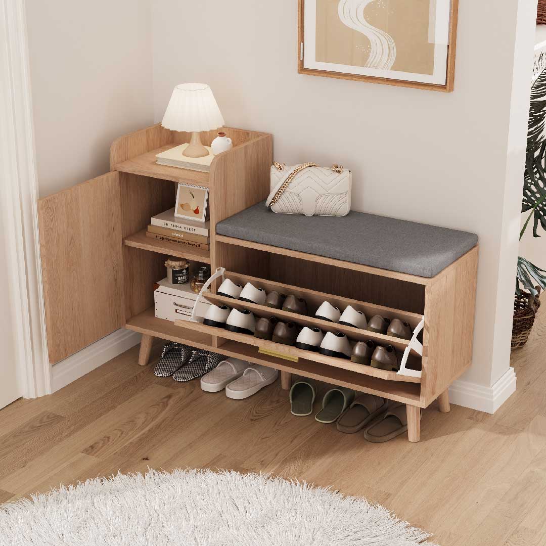 Yelenaro Schuhschrank mit Sitzbank – Holz Schuhbank mit Klappfächern & Regal