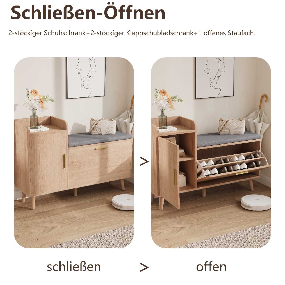 Yelenaro Schuhschrank mit Sitzbank – Holz Schuhbank mit Klappfächern & Regal