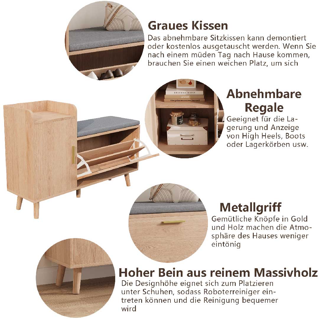 Yelenaro Schuhschrank mit Sitzbank – Holz Schuhbank mit Klappfächern & Regal