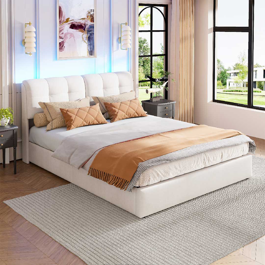 Yelenaro hydraulisches Polsterbett mit Stauraum – cremeweißes Doppelbett mit weichem Samtbezug