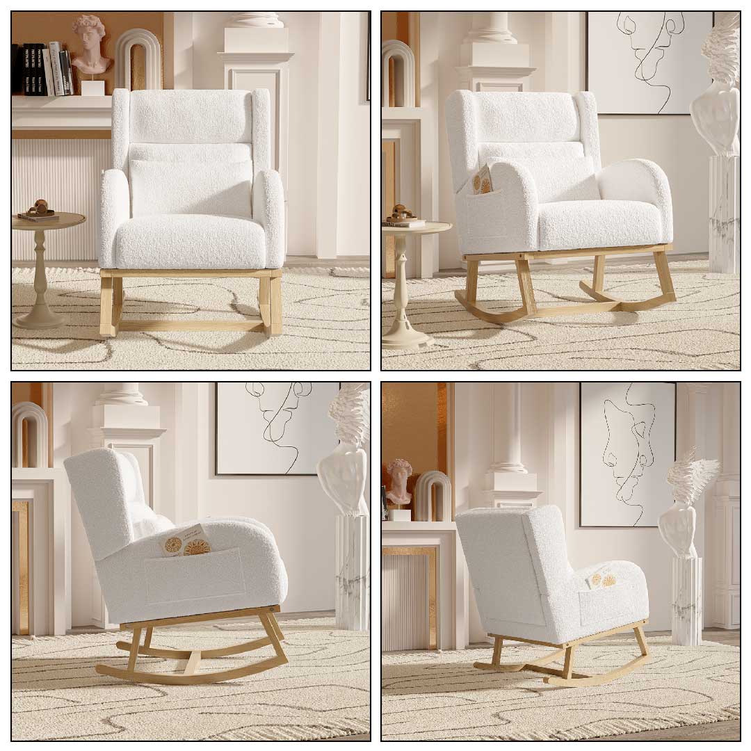 Yelenaro Schaukelstuhl mit Kissen – Teddy Relaxsessel aus Holz & Samt und ergonomisch