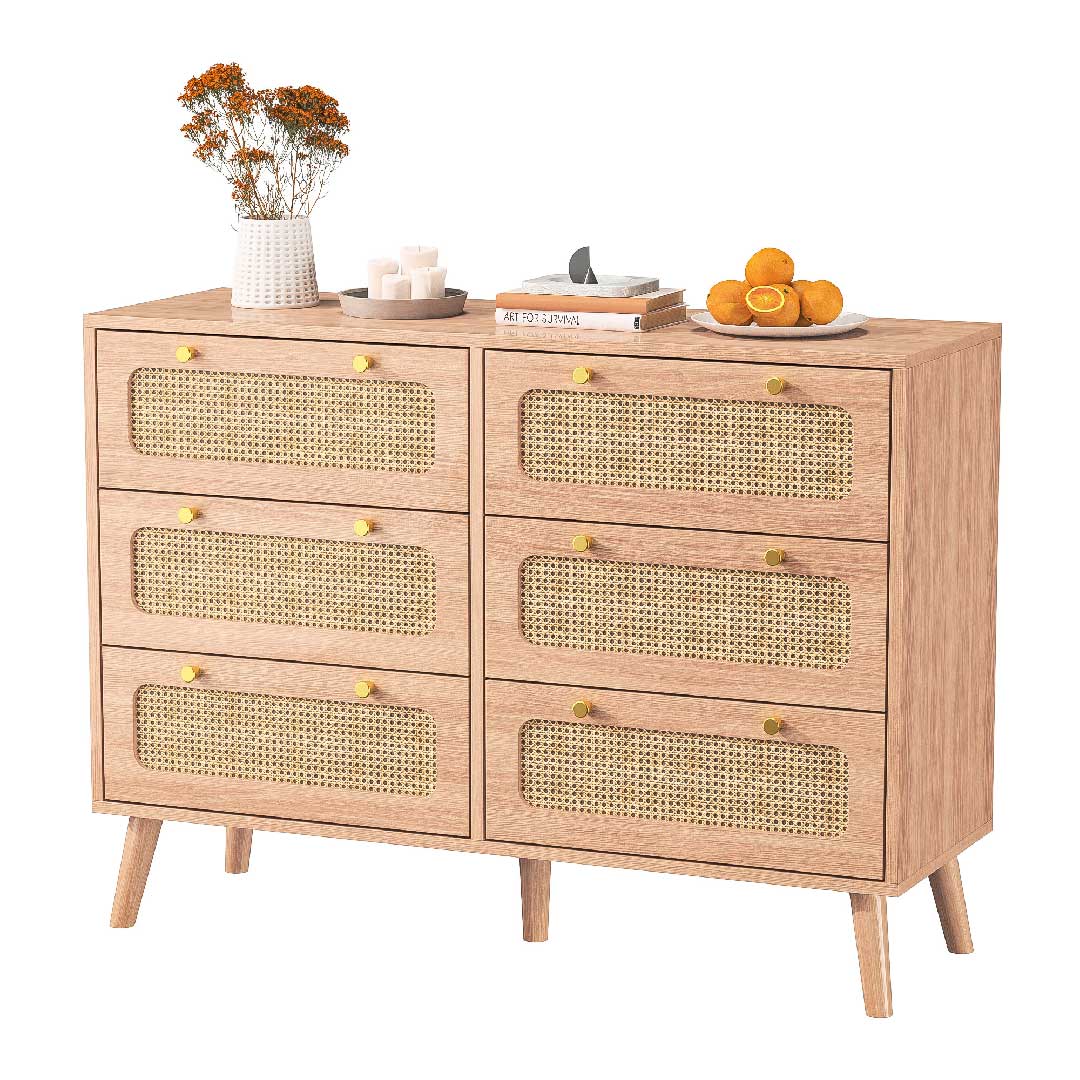 Yelenaro Rattan Kommode 100 cm mit 6 Schubladen, Holz Sideboard, Modern & Natürlich