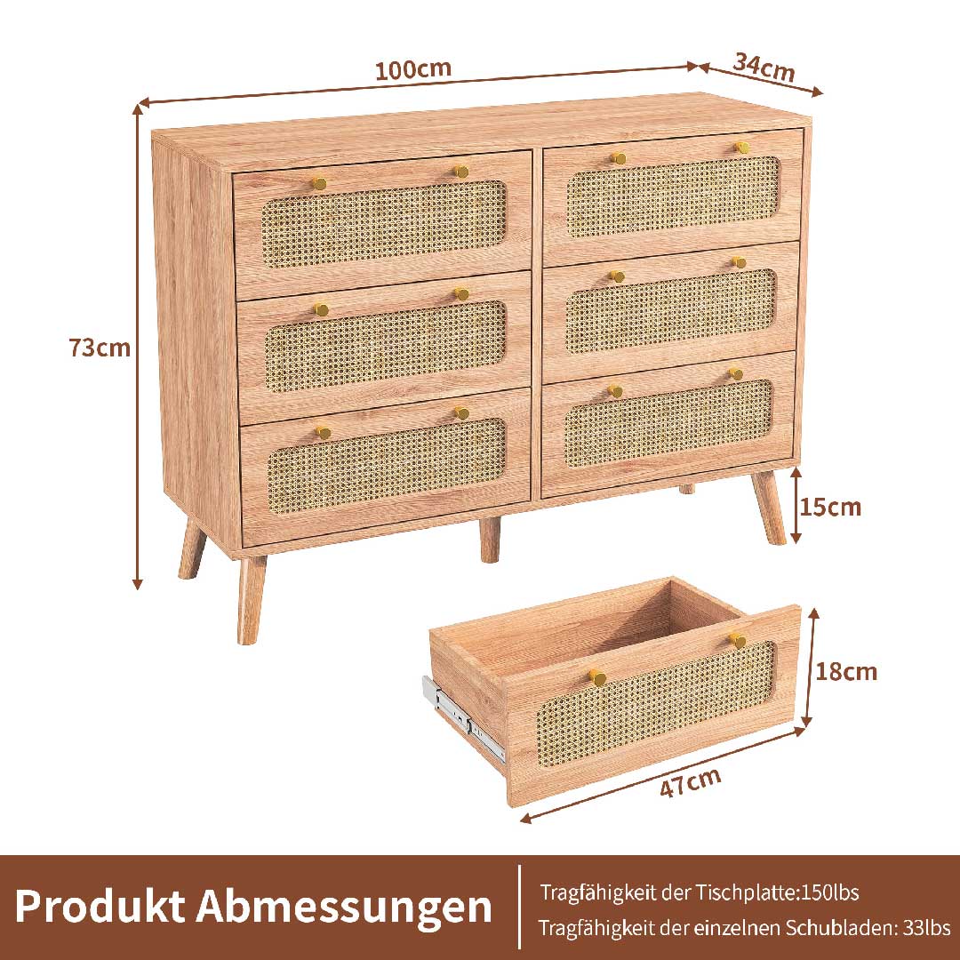 Maßzeichnung der Yelenaro Holz-Rattan-Kommode mit 6 Schubladen, breite Aufbewahrungslösung mit klaren Abmessungen für Zuhause