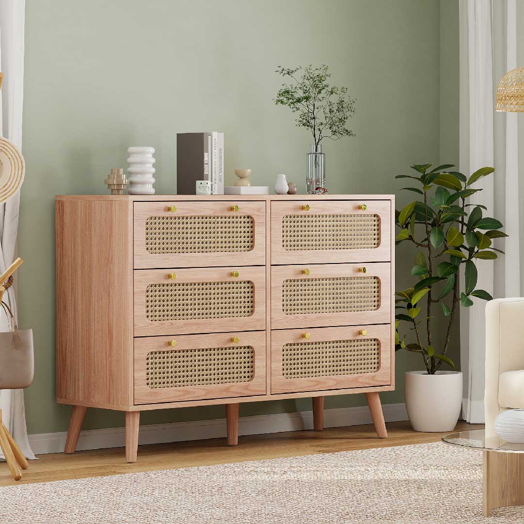 Yelenaro Rattan Kommode 100 cm mit 6 Schubladen, Holz Sideboard, Modern & Natürlich
