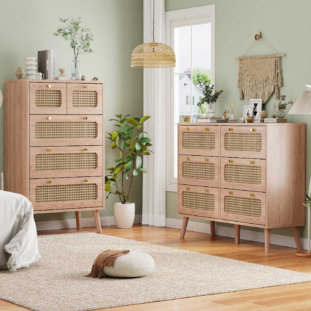 Yelenaro Rattan Kommode 100 cm mit 6 Schubladen, Holz Sideboard, Modern & Natürlich