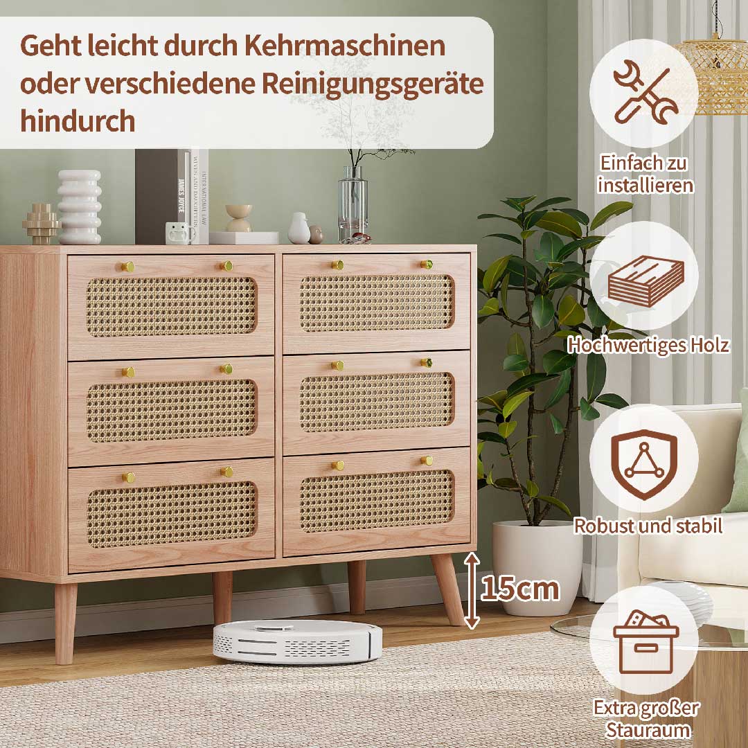Yelenaro Rattan Kommode 100 cm mit 6 Schubladen, Holz Sideboard, Modern & Natürlich