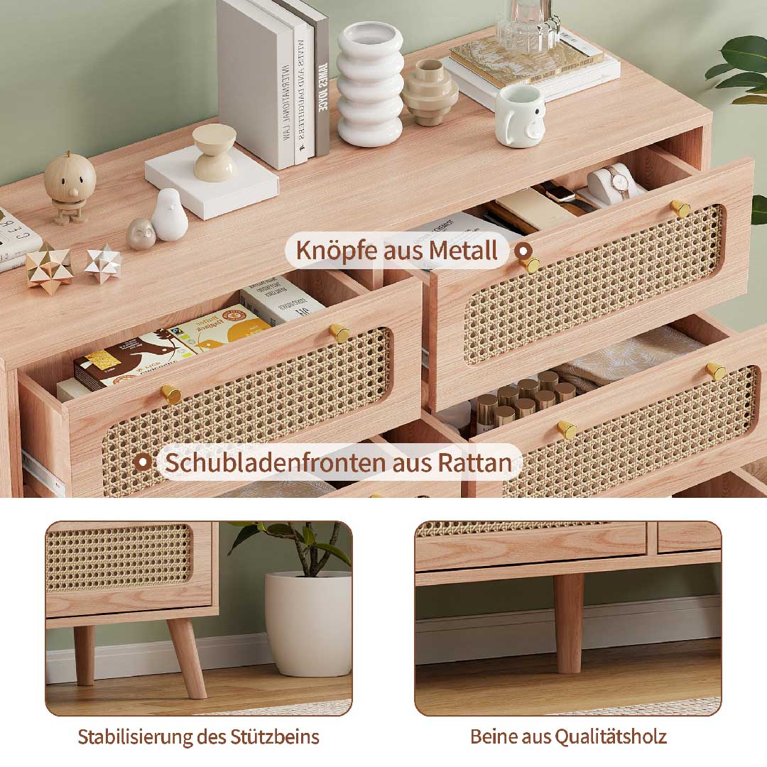 Yelenaro Rattan Kommode 100 cm mit 6 Schubladen, Holz Sideboard, Modern & Natürlich