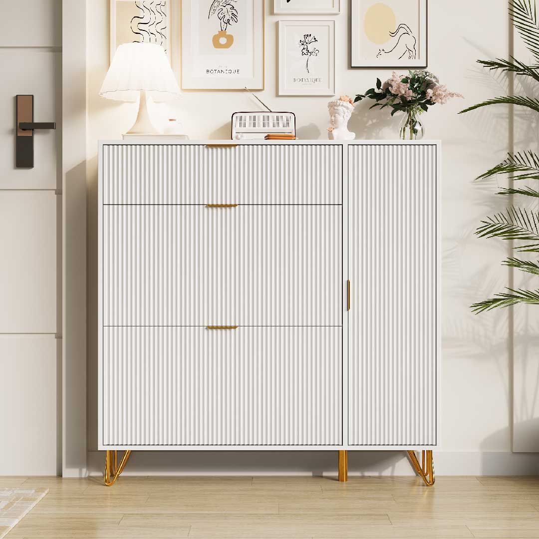 Yelenaro Schuhschrank mit Klappen & Türen – Weiß, 110×24×120 cm, Platzsparend