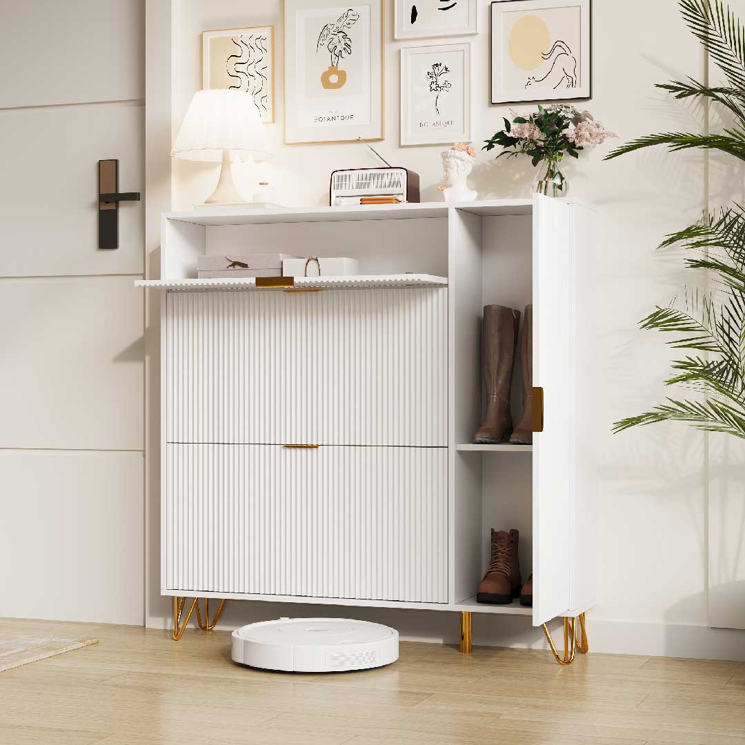 Yelenaro Schuhschrank mit Klappen & Türen – Weiß, 110×24×120 cm, Platzsparend