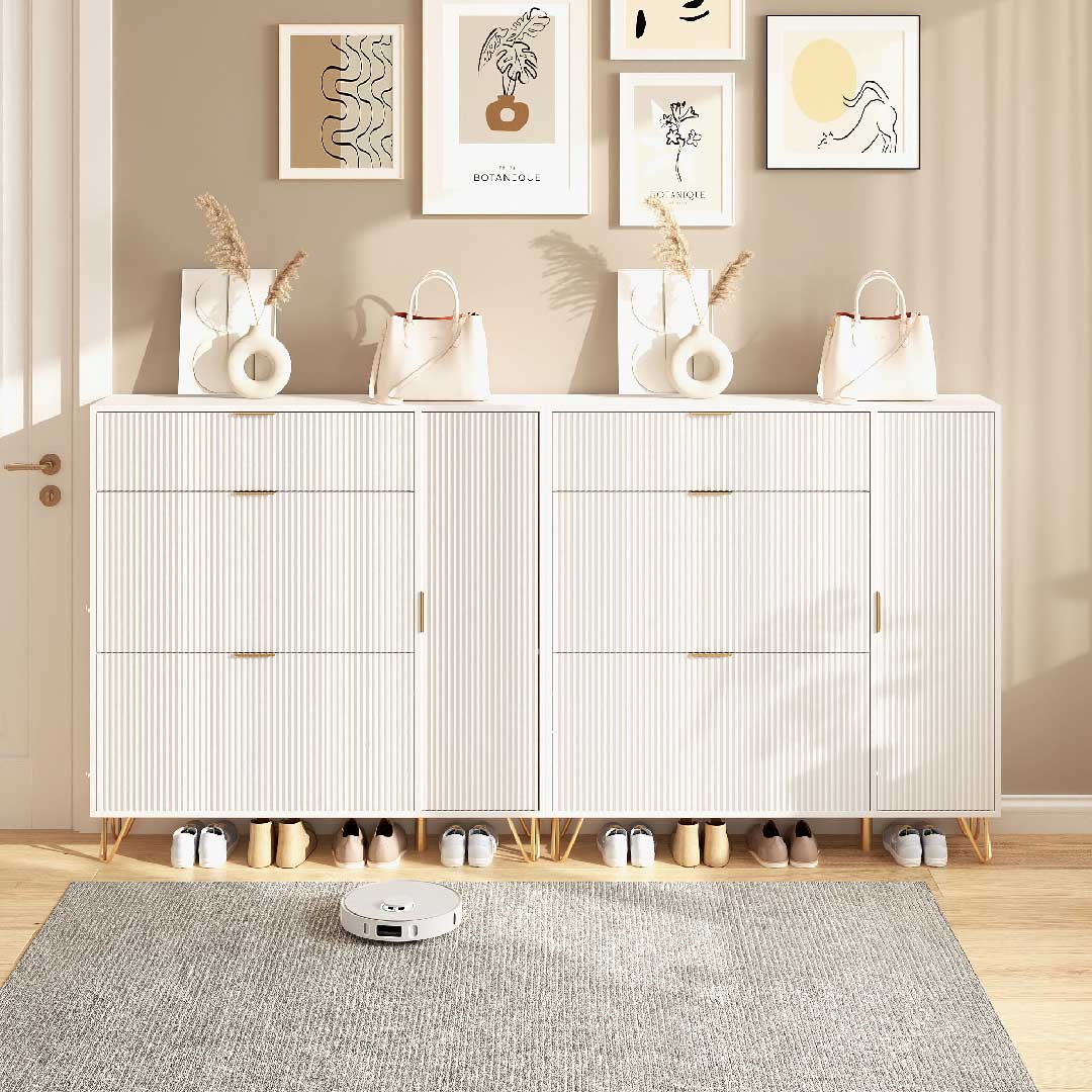 Yelenaro Schuhschrank mit Klappen & Türen – Weiß, 110×24×120 cm, Platzsparend