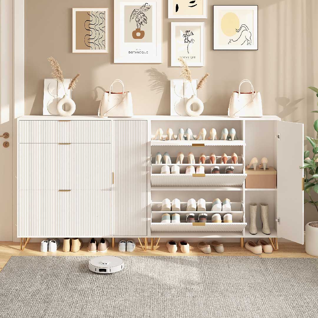 Yelenaro Schuhschrank mit Klappen & Türen – Weiß, 110×24×120 cm, Platzsparend