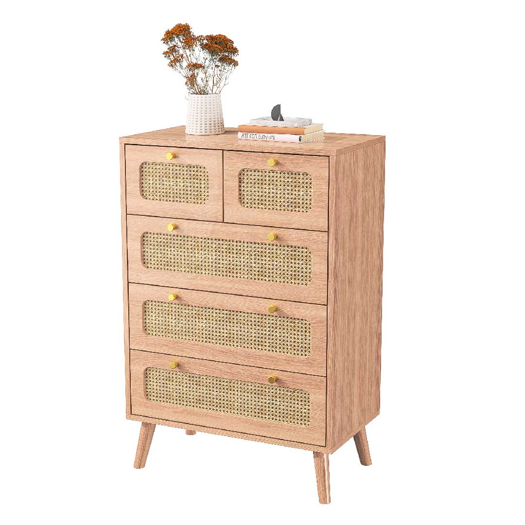 Yelenaro Kommode aus Holz und Rattan mit 5 Schubladen, schlanke Form, platzsparende Stauraumlösung für Schlafzimmer oder Flur