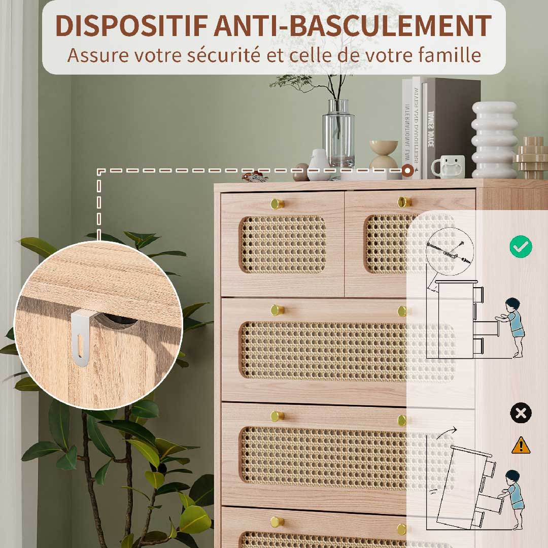 Yelenaro Rattan Kommode mit 5 Schubladen, Holz Sideboard, 60×34×91 cm