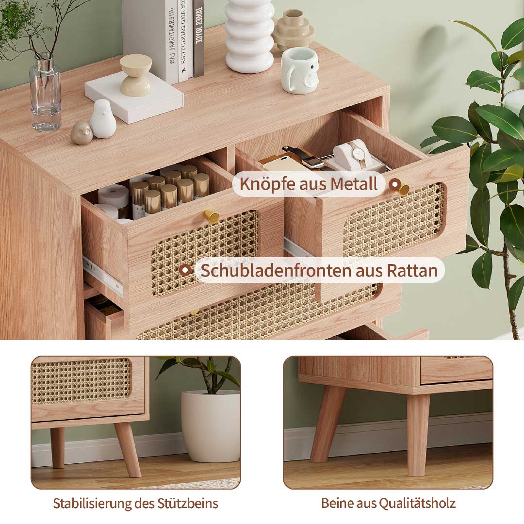 Yelenaro Rattan Kommode mit 5 Schubladen, Holz Sideboard, 60×34×91 cm