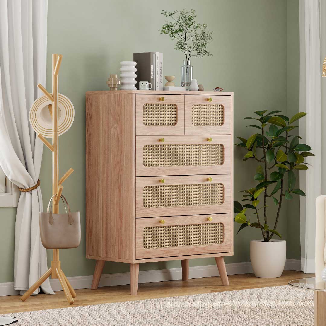 Yelenaro Rattan Kommode mit 5 Schubladen, Holz Sideboard, 60×34×91 cm