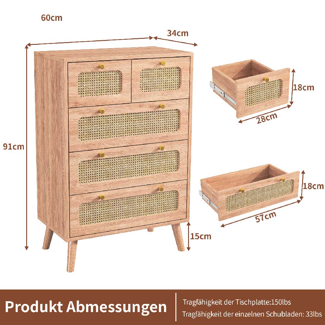 Yelenaro Rattan Kommode mit 5 Schubladen, Holz Sideboard, 60×34×91 cm